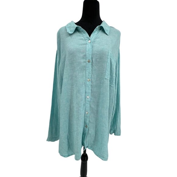 Susan Graver Womens Linen Blend Oversized Button Down Shirt 3X Aqua Blue Long Sl - Picture 3 of 8